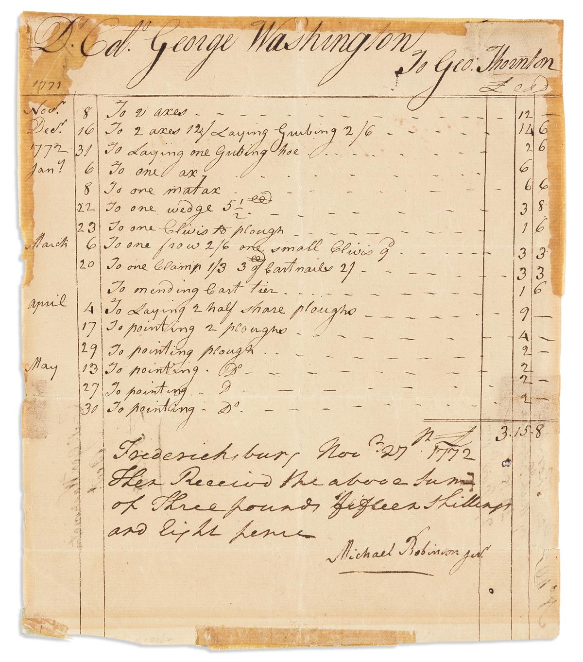 WASHINGTON, GEORGE. Autograph Manuscript, unsigned, 4 holograph lines recording payment of his debt to George Thornton